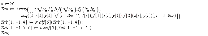 n := 'n'; Tab := Array([[n, 'x__n', 'y__n', 'J__n', ('f__1')('x__n', 'y__n'), ('f__2')('x__n', 'y__n')], seq([i, x[i], y[i], `if`(i = iter, "", J[i]), f[1](x[i], y[i]), f[2](x[i], y[i])], i = 0 .. iter)]); Tab[1 .. -1, 4] := evalf[6](Tab[1 .. -1, 4]); Tab[1 .. -1, 5 .. 6] := evalf[3](Tab[1 .. -1, 5 .. 6]); Tab