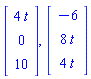 Vector(3, {(1) = 4*t, (2) = 0, (3) = 10}), Vector(3, {(1) = -6, (2) = 8*t, (3) = 4*t})