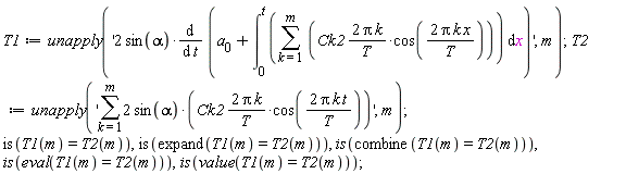 T1 := unapply('2*sin(alpha)*(diff(a[0]+int(sum(2*Ck2*Pi*k*cos(2*Pi*k*x/T)/T, k = 1 .. m), x = 0 .. t), t))', m);