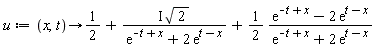 u := proc (x, t) options operator, arrow; 1/2+I*sqrt(2)/(exp(-t+x)+2*exp(t-x))+(1/2)*(exp(-t+x)-2*exp(t-x))/(exp(-t+x)+2*exp(t-x)) end proc