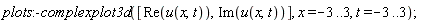 plots:-complexplot3d([Re(u(x, t)), Im(u(x, t))], x = -3 .. 3, t = -3 .. 3)