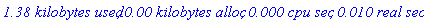 `1.38 kilobytes used`, `0.00 kilobytes alloc`, `0.000 cpu sec`, `0.010 real sec`
