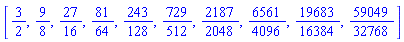 [3/2, 9/8, 27/16, 81/64, 243/128, 729/512, 2187/2048, 6561/4096, 19683/16384, 59049/32768]