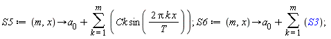 S5 := proc (m, x) options operator, arrow; a[0]+sum(Ck*sin(2*Pi*k*x/T), k = 1 .. m) end proc;