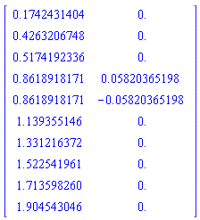 Matrix([[.1742431404, 0.], [.4263206748, 0.], [.5174192336, 0.], [.8618918171, 0.5820365198e-1], [.8618918171, -0.5820365198e-1], [1.139355146, 0.], [1.331216372, 0.], [1.522541961, 0.], [1.713598260, 0.], [1.904543046, 0.]])