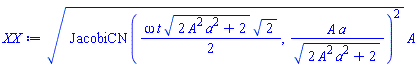 (JacobiCN((1/2)*omega*t*(2*A^2*a^2+2)^(1/2)*2^(1/2), A*a/(2*A^2*a^2+2)^(1/2))^2)^(1/2)*A