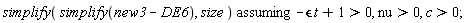 `assuming`([simplify(simplify(new3-DE6), size)], [-epsilon*t+1 > 0, nu > 0, c > 0]);