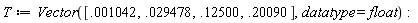 T := Vector([0.1042e-2, 0.29478e-1, .12500, .20090], datatype = float):