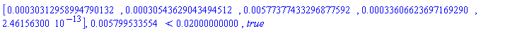 Vector[row](5, {(1) = 0.30312958994790132e-3, (2) = 0.30543629043494512e-3, (3) = 0.577377433296877592e-2, (4) = 0.33606623697169290e-3, (5) = 0.2461563000e-12}), 0.5799533554e-2 < 0.2000000000e-1, true