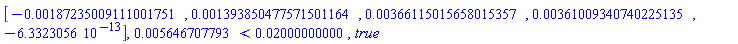 Vector[row](5, {(1) = -0.187235009111001751e-2, (2) = 0.1393850477571501164e-2, (3) = 0.366115015658015357e-2, (4) = 0.361009340740225135e-2, (5) = -0.6332305600e-12}), 0.5646707793e-2 < 0.2000000000e-1, true