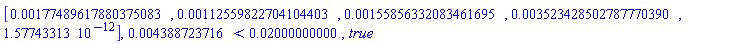 Vector[row](5, {(1) = 0.177489617880375083e-2, (2) = 0.112559822704104403e-2, (3) = 0.155856332083461695e-2, (4) = 0.3523428502787770390e-2, (5) = 0.1577433130e-11}), 0.4388723716e-2 < 0.2000000000e-1, true