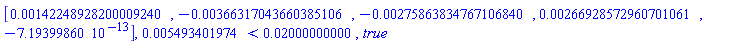 Vector[row](5, {(1) = 0.142248928200009240e-2, (2) = -0.366317043660385106e-2, (3) = -0.275863834767106840e-2, (4) = 0.266928572960701061e-2, (5) = -0.7193998600e-12}), 0.5493401974e-2 < 0.2000000000e-1, true