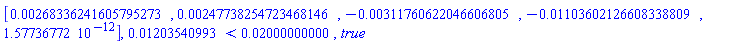 Vector[row](5, {(1) = 0.268336241605795273e-2, (2) = 0.247738254723468146e-2, (3) = -0.311760622046606805e-2, (4) = -0.1103602126608338809e-1, (5) = 0.1577367720e-11}), 0.1203540993e-1 < 0.2000000000e-1, true