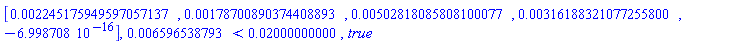 Vector[row](5, {(1) = 0.2245175949597057137e-2, (2) = 0.178700890374408893e-2, (3) = 0.502818085808100077e-2, (4) = 0.316188321077255800e-2, (5) = -0.6998708000e-15}), 0.6596538793e-2 < 0.2000000000e-1, true