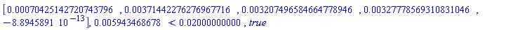 Vector[row](5, {(1) = 0.70425142720743796e-3, (2) = 0.371442276276967716e-2, (3) = 0.3207496584664778946e-2, (4) = 0.327778569310831046e-2, (5) = -0.8894589100e-12}), 0.5943468678e-2 < 0.2000000000e-1, true