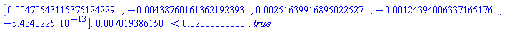 Vector[row](5, {(1) = 0.470543115375124229e-2, (2) = -0.438760161362192393e-2, (3) = 0.251639916895022527e-2, (4) = -0.124394006337165176e-2, (5) = -0.5434022500e-12}), 0.7019386150e-2 < 0.2000000000e-1, true