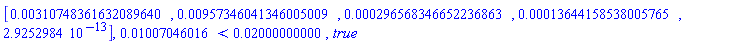 Vector[row](5, {(1) = 0.310748361632089640e-2, (2) = 0.957346041346005009e-2, (3) = 0.296568346652236863e-3, (4) = 0.13644158538005765e-3, (5) = 0.2925298400e-12}), 0.1007046016e-1 < 0.2000000000e-1, true