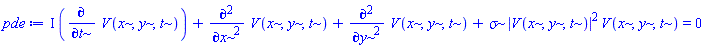 I*(diff(V(x, y, t), t))+diff(diff(V(x, y, t), x), x)+diff(diff(V(x, y, t), y), y)+sigma*abs(V(x, y, t))^2*V(x, y, t) = 0