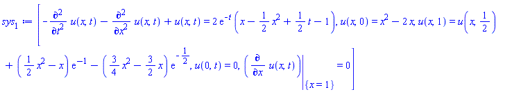 [-(diff(diff(u(x, t), t), t))-(diff(diff(u(x, t), x), x))+u(x, t) = 2*exp(-t)*(x-(1/2)*x^2+(1/2)*t-1), u(x, 0) = x^2-2*x, u(x, 1) = u(x, 1/2)+((1/2)*x^2-x)*exp(-1)-((3/4)*x^2-(3/2)*x)*exp(-1/2), u(0, t) = 0, eval(diff(u(x, t), x), {x = 1}) = 0]