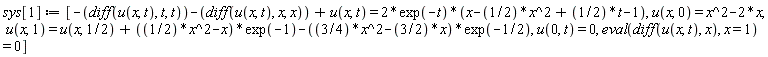 sys[1] := [-(diff(u(x, t), t, t))-(diff(u(x, t), x, x))+u(x, t) = 2*exp(-t)*(x-(1/2)*x^2+(1/2)*t-1), u(x, 0) = x^2-2*x, u(x, 1) = u(x, 1/2)+((1/2)*x^2-x)*exp(-1)-((3/4)*x^2-(3/2)*x)*exp(-1/2), u(0, t) = 0, eval(diff(u(x, t), x), x = 1) = 0]