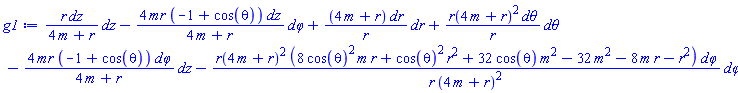 _DG([["tensor", M, [["cov_bas", "cov_bas"], []]], [[[1, 1], r/(4*m+r)], [[1, 4], -4*mr*(-1+cos(theta))/(4*m+r)], [[2, 2], (4*m+r)/r], [[3, 3], r(4*m+r)^2/r], [[4, 1], -4*mr*(-1+cos(theta))/(4*m+r)], [[4, 4], -r(4*m+r)^2*(8*cos(theta)^2*m*r+cos(theta)^2*r^2+32*cos(theta)*m^2-32*m^2-8*m*r-r^2)/(r*(4*m+r)^2)]]])