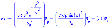 Vector(3, {(1) = F0*rho^2*exp(-rho^2/`#msub(mi("&rho;",fontstyle = "normal"),mi("0"))`^2)/`#msub(mi("&rho;",fontstyle = "normal"),mi("0"))`^2, (2) = F0*rho*sin(phi)^2/`#msub(mi("&rho;",fontstyle = "normal"),mi("0"))`, (3) = F0})