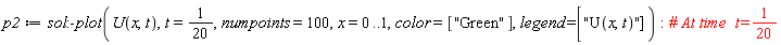 p2 := sol:-plot(U(x, t), t = 1/20, numpoints = 100, x = 0 .. 1, color = ["Green"], legend = ["U(x,t)"])