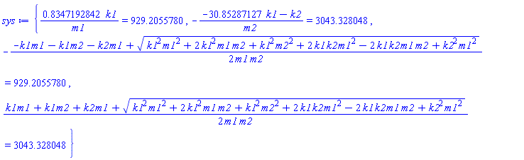 {.8347192842*k1/m1 = 929.2055780, -(-30.85287127*k1-k2)/m2 = 3043.328048, -(1/2)*(-k1*m1-k1*m2-k2*m1+(k1^2*m1^2+2*k1^2*m1*m2+k1^2*m2^2+2*k1*k2*m1^2-2*k1*k2*m1*m2+k2^2*m1^2)^(1/2))/(m1*m2) = 929.2055780, (1/2)*(k1*m1+k1*m2+k2*m1+(k1^2*m1^2+2*k1^2*m1*m2+k1^2*m2^2+2*k1*k2*m1^2-2*k1*k2*m1*m2+k2^2*m1^2)^(1/2))/(m1*m2) = 3043.328048}