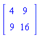 Matrix(2, 2, {(1, 1) = 4, (1, 2) = 9, (2, 1) = 9, (2, 2) = 16})