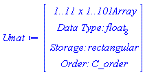 Umat := Array(1..11, 1..101, {(1, 1) = 1.0, (1, 2) = .0, (1, 3) = .0, (1, 4) = .0, (1, 5) = .0, (1, 6) = .0, (1, 7) = .0, (1, 8) = .0, (1, 9) = .0, (1, 10) = .0, (1, 11) = .0, (1, 12) = .0, (1, 13) = .0, (1, 14) = .0, (1, 15) = .0, (1, 16) = .0, (1, 17) = .0, (1, 18) = .0, (1, 19) = .0, (1, 20) = .0, (1, 21) = .0, (1, 22) = .0, (1, 23) = .0, (1, 24) = .0, (1, 25) = .0, (1, 26) = .0, (1, 27) = .0, (1, 28) = .0, (1, 29) = .0, (1, 30) = .0, (1, 31) = .0, (1, 32) = .0, (1, 33) = .0, (1, 34) = .0, (1, 35) = .0, (1, 36) = .0, (1, 37) = .0, (1, 38) = .0, (1, 39) = .0, (1, 40) = .0, (1, 41) = .0, (1, 42) = .0, (1, 43) = .0, (1, 44) = .0, (1, 45) = .0, (1, 46) = .0, (1, 47) = .0, (1, 48) = .0, (1, 49) = .0, (1, 50) = .0, (1, 51) = .0, (1, 52) = .0, (1, 53) = .0, (1, 54) = .0, (1, 55) = .0, (1, 56) = .0, (1, 57) = .0, (1, 58) = .0, (1, 59) = .0, (1, 60) = .0, (1, 61) = .0, (1, 62) = .0, (1, 63) = .0, (1, 64) = .0, (1, 65) = .0, (1, 66) = .0, (1, 67) = .0, (1, 68) = .0, (1, 69) = .0, (1, 70) = .0, (1, 71) = .0, (1, 72) = .0, (1, 73) = .0, (1, 74) = .0, (1, 75) = .0, (1, 76) = .0, (1, 77) = .0, (1, 78) = .0, (1, 79) = .0, (1, 80) = .0, (1, 81) = .0, (1, 82) = .0, (1, 83) = .0, (1, 84) = .0, (1, 85) = .0, (1, 86) = .0, (1, 87) = .0, (1, 88) = .0, (1, 89) = .0, (1, 90) = .0, (1, 91) = .0, (1, 92) = .0, (1, 93) = .0, (1, 94) = .0, (1, 95) = .0, (1, 96) = .0, (1, 97) = .0, (1, 98) = .0, (1, 99) = .0, (1, 100) = .0, (1, 101) = .0, (2, 1) = .5403023058681398, (2, 2) = .0, (2, 3) = .0, (2, 4) = .0, (2, 5) = .0, (2, 6) = .0, (2, 7) = .0, (2, 8) = .0, (2, 9) = .0, (2, 10) = .0, (2, 11) = .0, (2, 12) = .0, (2, 13) = .0, (2, 14) = .0, (2, 15) = .0, (2, 16) = .0, (2, 17) = .0, (2, 18) = .0, (2, 19) = .0, (2, 20) = .0, (2, 21) = .0, (2, 22) = .0, (2, 23) = .0, (2, 24) = .0, (2, 25) = .0, (2, 26) = .0, (2, 27) = .0, (2, 28) = .0, (2, 29) = .0, (2, 30) = .0, (2, 31) = .0, (2, 32) = .0, (2, 33) = .0, (2, 34) = .0, (2, 35) = .0, (2, 36) = .0, (2, 37) = .0, (2, 38) = .0, (2, 39) = .0, (2, 40) = .0, (2, 41) = .0, (2, 42) = .0, (2, 43) = .0, (2, 44) = .0, (2, 45) = .0, (2, 46) = .0, (2, 47) = .0, (2, 48) = .0, (2, 49) = .0, (2, 50) = .0, (2, 51) = .0, (2, 52) = .0, (2, 53) = .0, (2, 54) = .0, (2, 55) = .0, (2, 56) = .0, (2, 57) = .0, (2, 58) = .0, (2, 59) = .0, (2, 60) = .0, (2, 61) = .0, (2, 62) = .0, (2, 63) = .0, (2, 64) = .0, (2, 65) = .0, (2, 66) = .0, (2, 67) = .0, (2, 68) = .0, (2, 69) = .0, (2, 70) = .0, (2, 71) = .0, (2, 72) = .0, (2, 73) = .0, (2, 74) = .0, (2, 75) = .0, (2, 76) = .0, (2, 77) = .0, (2, 78) = .0, (2, 79) = .0, (2, 80) = .0, (2, 81) = .0, (2, 82) = .0, (2, 83) = .0, (2, 84) = .0, (2, 85) = .0, (2, 86) = .0, (2, 87) = .0, (2, 88) = .0, (2, 89) = .0, (2, 90) = .0, (2, 91) = .0, (2, 92) = .0, (2, 93) = .0, (2, 94) = .0, (2, 95) = .0, (2, 96) = .0, (2, 97) = .0, (2, 98) = .0, (2, 99) = .0, (2, 100) = .0, (2, 101) = .0, (3, 1) = -.43894691033960953, (3, 2) = 30.073445464868087, (3, 3) = 27.515610547227993, (3, 4) = 23.65977177690692, (3, 5) = 20.20543194113951, (3, 6) = 17.261920829524065, (3, 7) = 14.767655371951363, (3, 8) = 12.654414892734566, (3, 9) = 10.862590866313553, (3, 10) = 9.341279832503185, (3, 11) = 8.047390921388944, (3, 12) = 6.944726260815213, (3, 13) = 6.003040772022111, (3, 14) = 5.197129364194781, (3, 15) = 4.5059951723689515, (3, 16) = 3.9121267487179177, (3, 17) = 3.4008888362235132, (3, 18) = 2.9600180691550033, (3, 19) = 2.579209528310821, (3, 20) = 2.2497791826409905, (3, 21) = 1.9643884737120283, (3, 22) = 1.7168192787669685, (3, 23) = 1.5017895472511016, (3, 24) = 1.3148017597978434, (3, 25) = 1.152017919821198, (3, 26) = 1.0101560573959025, (3, 27) = .886404238870597, (3, 28) = .7783488781019012, (3, 29) = .6839147783892063, (3, 30) = .6013148339958052, (3, 31) = .5290077156223039, (3, 32) = .46566217827625805, (3, 33) = .4101268804911371, (3, 34) = .36140480457508867, (3, 35) = .3186315291570765, (3, 36) = .2810567359694024, (3, 37) = .24802843893822188, (3, 38) = .21897951021258355, (3, 39) = .19341614863281403, (3, 40) = .17090799437616389, (3, 41) = .15107964153709186, (3, 42) = .13360334012079142, (3, 43) = .11819271188417674, (3, 44) = .10459733187805235, (3, 45) = 0.92598050418233e-1, (3, 46) = 0.8200294934343423e-1, (3, 47) = 0.7264384245475573e-1, (3, 48) = 0.6437324350606047e-1, (3, 49) = 0.5706173646042437e-1, (3, 50) = 0.5059569230103621e-1, (3, 51) = 0.44875284778357095e-1, (3, 52) = 0.39812764330678214e-1, (3, 53) = 0.3533095523236086e-1, (3, 54) = 0.3136194596883612e-1, (3, 55) = 0.27845947047729573e-1, (3, 56) = 0.2473029404613417e-1, (3, 57) = 0.21968576761014533e-1, (3, 58) = 0.1951987795326534e-1, (3, 59) = 0.17348107423394425e-1, (3, 60) = 0.1542141908472052e-1, (3, 61) = 0.1371170035598955e-1, (3, 62) = 0.12194124619584475e-1, (3, 63) = 0.1084675871796405e-1, (3, 64) = 0.965021851833614e-2, (3, 65) = 0.858736648819822e-2, (3, 66) = 0.764304601293522e-2, (3, 67) = 0.6803847868737188e-2, (3, 68) = 0.6057904854660766e-2, (3, 69) = 0.5394711099486048e-2, (3, 70) = 0.4804963003025388e-2, (3, 71) = 0.4280419157057912e-2, (3, 72) = 0.38137769260887648e-2, (3, 73) = 0.339856365952117e-2, (3, 74) = 0.3029040760471263e-2, (3, 75) = 0.27001190574111587e-2, (3, 76) = 0.240728411745189e-2, (3, 77) = 0.214653030812866e-2, (3, 78) = 0.19143025612636875e-2, (3, 79) = 0.1707444920653288e-2, (3, 80) = 0.15231550673716092e-2, (3, 81) = 0.13589441144945483e-2, (3, 82) = 0.1212601048834205e-2, (3, 83) = 0.10821612724055943e-2, (3, 84) = 0.9658787621847538e-3, (3, 85) = 0.8622014244422616e-3, (3, 86) = 0.7697492705756822e-3, (3, 87) = 0.6872950858111054e-3, (3, 88) = 0.6137473011752128e-3, (3, 89) = 0.5481348134315285e-3, (3, 90) = 0.4895935278176636e-3, (3, 91) = 0.4373544249286617e-3, (3, 92) = 0.39073297641378676e-3, (3, 93) = 0.34911975468227555e-3, (3, 94) = 0.3119720998900427e-3, (3, 95) = 0.27880672340353807e-3, (3, 96) = 0.24919314097082674e-3, (3, 97) = 0.2227478412026703e-3, (3, 98) = 0.19912910587905827e-3, (3, 99) = 0.1780324082241996e-3, (3, 100) = 0.15918632379147209e-3, (3, 101) = 0.1423488961029543e-3, (4, 1) = -1.1614682527324476, (4, 2) = 209.87869674524336, (4, 3) = 193.43768164039795, (4, 4) = 166.48698631512937, (4, 5) = 142.49689132483064, (4, 6) = 122.0823962338694, (4, 7) = 104.7277995037356, (4, 8) = 89.95672351634902, (4, 9) = 77.37666558116247, (4, 10) = 66.65489642009382, (4, 11) = 57.506793162859985, (4, 12) = 49.68999652664271, (4, 13) = 42.999538379592266, (4, 14) = 37.26292519729751, (4, 15) = 32.335346360278706, (4, 16) = 28.09528473979775, (4, 17) = 24.440676831480587, (4, 18) = 21.285650325326856, (4, 19) = 18.557799178478906, (4, 20) = 16.195928121748533, (4, 21) = 14.14819304684469, (4, 22) = 12.37056895567594, (4, 23) = 10.825586346245817, (4, 24) = 9.481286707397357, (4, 25) = 8.310356752613945, (4, 26) = 7.28940866417518, (4, 27) = 6.3983799108937145, (4, 28) = 5.620031290346024, (4, 29) = 4.939525925064801, (4, 30) = 4.344075201712214, (4, 31) = 3.8226402478679247, (4, 32) = 3.3656796284302883, (4, 33) = 2.964935621213602, (4, 34) = 2.613252784636275, (4, 35) = 2.304423626426459, (4, 36) = 2.0330570734371447, (4, 37) = 1.7944661700280327, (4, 38) = 1.5845720283115345, (4, 39) = 1.3998215433429235, (4, 40) = 1.2371167902458602, (4, 41) = 1.0937543543772377, (4, 42) = .9673731228057931, (4, 43) = .8559092959349497, (4, 44) = .7575575703733314, (4, 45) = .6707376048930164, (4, 46) = .5940650159992851, (4, 47) = .5263262627384899, (4, 48) = .46645687555110704, (4, 49) = .41352256423739886, (4, 50) = .36670280791368487, (4, 51) = .325276587236328, (4, 52) = .28860996784420906, (4, 53) = .2561452853165494, (4, 54) = .22739171712332282, (4, 55) = .2019170570277807, (4, 56) = .17934053299252356, (4, 57) = .15932653151767986, (4, 58) = .14157911006825355, (4, 59) = .12583719530304366, (4, 60) = .11187037859967967, (4, 61) = 0.9947523221635582e-1, (4, 62) = 0.8847207962543543e-1, (4, 63) = 0.7870216233791798e-1, (4, 64) = 0.7002515311478338e-1, (4, 65) = 0.6231697200447715e-1, (4, 66) = 0.55467867302348144e-1, (4, 67) = 0.49380728422887536e-1, (4, 68) = 0.4396960191583528e-1, (4, 69) = 0.391583855337238e-1, (4, 70) = 0.3487967844907518e-1, (4, 71) = 0.31073768490910147e-1, (4, 72) = 0.27687739679596094e-1, (4, 73) = 0.24674685435369093e-1, (4, 74) = 0.219930146612399e-1, (4, 75) = 0.19605839491659786e-1, (4, 76) = 0.17480434885480053e-1, (4, 77) = 0.1558776145228763e-1, (4, 78) = 0.13902043958346115e-1, (4, 79) = 0.12400398882172026e-1, (4, 80) = 0.11062505197566491e-1, (4, 81) = 0.9870313268710105e-2, (4, 82) = 0.8807787360715356e-2, (4, 83) = 0.7860677811087307e-2, (4, 84) = 0.7016319382652787e-2, (4, 85) = 0.6263452735176597e-2, (4, 86) = 0.5592066318475302e-2, (4, 87) = 0.4993256310787901e-2, (4, 88) = 0.4459102508061702e-2, (4, 89) = 0.3982558317530728e-2, (4, 90) = 0.35573532267506158e-2, (4, 91) = 0.31779063108125804e-2, (4, 92) = 0.28392495090225254e-2, (4, 93) = 0.25369595507253664e-2, (4, 94) = 0.2267097540646371e-2, (4, 95) = 0.2026155329270448e-2, (4, 96) = 0.18110078952753013e-2, (4, 97) = 0.16188710565287574e-2, (4, 98) = 0.14472639051052465e-2, (4, 99) = 0.12939754314339096e-2, (4, 100) = 0.115703486418739e-2, (4, 101) = 0.1034685306821315e-2, (5, 1) = -.8288904933142476, (5, 2) = 672.1730457850363, (5, 3) = 622.811526006252, (5, 4) = 536.8396386562914, (5, 5) = 460.08772258504894, (5, 6) = 394.6622701438383, (5, 7) = 338.9232462098051, (5, 8) = 291.3824513473351, (5, 9) = 250.82095907921902, (5, 10) = 216.20056127795308, (5, 11) = 186.62651629108143, (5, 12) = 161.33184702166537, (5, 13) = 139.66451858304643, (5, 14) = 121.07363810641921, (5, 15) = 105.0953382562999, (5, 16) = 91.33946327725366, (5, 17) = 79.47771241608923, (5, 18) = 69.23345044821455, (5, 19) = 60.37313099375658, (5, 20) = 52.699158363179976, (5, 21) = 46.04397824753115, (5, 22) = 40.26519388485455, (5, 23) = 35.2415276771287, (5, 24) = 30.869476010955093, (5, 25) = 27.060531561163035, (5, 26) = 23.738870500697754, (5, 27) = 20.83942135952995, (5, 28) = 18.306248039615358, (5, 29) = 16.091192213383188, (5, 30) = 14.152730550590102, (5, 31) = 12.455010419241955, (5, 32) = 10.967034298582478, (5, 33) = 9.66196845601646, (5, 34) = 8.516555737745945, (5, 35) = 7.510615811804388, (5, 36) = 6.626619044823515, (5, 37) = 5.849322518324806, (5, 38) = 5.16545859762311, (5, 39) = 4.563468036558833, (5, 40) = 4.033270897837194, (5, 41) = 3.5660696425330536, (5, 42) = 3.1541796340431367, (5, 43) = 2.7908830442269505, (5, 44) = 2.470302769183582, (5, 45) = 2.1872934805729476, (5, 46) = 1.937347373119158, (5, 47) = 1.7165125342349112, (5, 48) = 1.5213221692975905, (5, 49) = 1.3487331756189358, (5, 50) = 1.1960727775124027, (5, 51) = 1.0609921206267128, (5, 52) = .9414258813046427, (5, 53) = .835557080643327, (5, 54) = .741786406919842, (5, 55) = .6587054472234305, (5, 56) = .585073312109285, (5, 57) = .5197962080392013, (5, 58) = .46190957313019726, (5, 59) = .4105624438297853, (5, 60) = .3650037648689262, (5, 61) = .32457039330108867, (5, 62) = .28867658053920603, (5, 63) = .25680474483071797, (5, 64) = .2284973712246947, (5, 65) = .20334989734468648, (5, 66) = .1810044616629178, (5, 67) = .1611444068814838, (5, 68) = .14348944481016565, (5, 69) = .12779140108380424, (5, 70) = .11383046843736817, (5, 71) = .10141190627017801, (5, 72) = 0.903631320675896e-1, (5, 73) = 0.8053115706787735e-1, (5, 74) = 0.7178032450086787e-1, (5, 75) = 0.6399031390066853e-1, (5, 76) = 0.5705437950895606e-1, (5, 77) = 0.5087779472510774e-1, (5, 78) = 0.4537647800037495e-1, (5, 79) = 0.4047577858048198e-1, (5, 80) = 0.3610940313082831e-1, (5, 81) = 0.3221846657965692e-1, (5, 82) = 0.28750652529397777e-1, (5, 83) = 0.25659470351545283e-1, (5, 84) = 0.22903597627700698e-1, (5, 85) = 0.20446297956430524e-1, (5, 86) = 0.18254905336384842e-1, (5, 87) = 0.16300367381576628e-1, (5, 88) = 0.14556840543044866e-1, (5, 89) = 0.13001331318154254e-1, (5, 90) = 0.11613378138345955e-1, (5, 91) = 0.10374769250302125e-1, (5, 92) = 0.9269292454744928e-2, (5, 93) = 0.8282513050655223e-2, (5, 94) = 0.7401576758599876e-2, (5, 95) = 0.6615034772129772e-2, (5, 96) = 0.591268841700281e-2, (5, 97) = 0.5285451189680734e-2, (5, 98) = 0.47252262038713355e-2, (5, 99) = 0.4224797300949021e-2, (5, 100) = 0.3777732280556005e-2, (5, 101) = 0.33782968847070965e-2, (6, 1) = 1.3571575959576876, (6, 2) = 1549.7137845281522, (6, 3) = 1440.68245637153, (6, 4) = 1243.0757238420163, (6, 5) = 1066.1912701557696, (6, 6) = 915.2023864902328, (6, 7) = 786.3968093046119, (6, 8) = 676.4071238621844, (6, 9) = 582.4742062951555, (6, 10) = 502.23798592126207, (6, 11) = 433.65486987272146, (6, 12) = 374.96631397006604, (6, 13) = 324.6730071427204, (6, 14) = 281.50551869867087, (6, 15) = 244.39325555300312, (6, 16) = 212.4346516650997, (6, 17) = 184.87034402036747, (6, 18) = 161.05997211751708, (6, 19) = 140.46256701739617, (6, 20) = 122.62018145279264, (6, 21) = 107.14430860390453, (6, 22) = 93.70463892043034, (6, 23) = 82.01975082004428, (6, 24) = 71.84939083862758, (6, 25) = 62.98805740825326, (6, 26) = 55.25965424732357, (6, 27) = 48.513022928239906, (6, 28) = 42.61819992879289, (6, 29) = 37.46327241670076, (6, 30) = 32.95173032807033, (6, 31) = 29.000231052249486, (6, 32) = 25.536708136853203, (6, 33) = 22.49876761874877, (6, 34) = 19.83232546146648, (6, 35) = 17.4904476052871, (6, 36) = 15.4323606825488, (6, 37) = 13.622606808883917, (6, 38) = 12.030320261473568, (6, 39) = 10.628607480709043, (6, 40) = 9.39401482737827, (6, 41) = 8.306071010017156, (6, 42) = 7.346893159820951, (6, 43) = 6.500847248834809, (6, 44) = 5.7542549820065485, (6, 45) = 5.095140494606624, (6, 46) = 4.513011193854657, (6, 47) = 3.9986679303277284, (6, 48) = 3.5440403979079615, (6, 49) = 3.1420442628930467, (6, 50) = 2.786457031771647, (6, 51) = 2.4718100982023103, (6, 52) = 2.193294775476028, (6, 53) = 1.946680431603455, (6, 54) = 1.728243108814775, (6, 55) = 1.5347032349179555, (6, 56) = 1.3631712266665352, (6, 57) = 1.2110999500947837, (6, 58) = 1.0762431439243287, (6, 59) = .9566190331944566, (6, 60) = .8504784642165086, (6, 61) = .756276981330178, (6, 62) = .6726503428825493, (6, 63) = .59839304016722, (6, 64) = .5324394402834229, (6, 65) = .47384722330467577, (6, 66) = .4217828268893233, (6, 67) = .3755086484635586, (6, 68) = .33437178716429394, (6, 69) = .2977941355308184, (6, 70) = .26526365506712307, (6, 71) = .23632669076348284, (6, 72) = .21058119789713683, (6, 73) = .18767077029737947, (6, 74) = .16727937307791707, (6, 75) = .14912669488236005, (6, 76) = .13296404519275146, (6, 77) = .11857073141921982, (6, 78) = .10575085849647783, (6, 79) = 0.9433050071150892e-1, (6, 80) = 0.8415520160740073e-1, (6, 81) = 0.7508776316434526e-1, (6, 82) = 0.670062901486358e-1, (6, 83) = 0.59802459629279665e-1, (6, 84) = 0.53379989263625076e-1, (6, 85) = 0.4765328111243156e-1, (6, 86) = 0.42546220516990294e-1, (6, 87) = 0.3799111200482353e-1, (6, 88) = 0.3392773632851011e-1, (6, 89) = 0.30302514621158762e-1, (6, 90) = 0.2706776730415077e-1, (6, 91) = 0.24181056836047658e-1, (6, 92) = 0.216046046704997e-1, (6, 93) = 0.1930477391699779e-1, (6, 94) = 0.1725161019008144e-1, (6, 95) = 0.15418434006510554e-1, (6, 96) = 0.1378147886024274e-1, (6, 97) = 0.1231956978436107e-1, (6, 98) = 0.11013837808370095e-1, (6, 99) = 0.984746624808942e-2, (6, 100) = 0.8805465232265568e-2, (6, 101) = 0.7874471282312313e-2, (7, 1) = 6.195047243061708, (7, 2) = 2975.258204918511, (7, 3) = 2772.095785462978, (7, 4) = 2393.553236913929, (7, 5) = 2054.020878470968, (7, 6) = 1763.9035892038553, (7, 7) = 1516.1913026026086, (7, 8) = 1304.5062665373887, (7, 9) = 1123.6151421636441, (7, 10) = 969.0268818652021, (7, 11) = 836.8401634744484, (7, 12) = 723.6894335960277, (7, 13) = 626.7000298189503, (7, 14) = 543.4348175811635, (7, 15) = 471.8363829429591, (7, 16) = 410.1708392073502, (7, 17) = 356.9769200746334, (7, 18) = 311.02176901293336, (7, 19) = 271.26346929265, (7, 20) = 236.81970893644387, (7, 21) = 206.94174864409806, (7, 22) = 180.99284891653105, (7, 23) = 158.43039305513713, (7, 24) = 138.7910523585714, (7, 25) = 121.67844935666943, (7, 26) = 106.75287258441253, (7, 27) = 93.72267896048416, (7, 28) = 82.33708776076163, (7, 29) = 72.3801253083739, (7, 30) = 63.6655239815938, (7, 31) = 56.03241496939561, (7, 32) = 49.34168309136286, (7, 33) = 43.472875343259595, (7, 34) = 38.32157375336027, (7, 35) = 33.79715852687082, (7, 36) = 29.820900019033292, (7, 37) = 26.324328366760735, (7, 38) = 23.24783806318916, (7, 39) = 20.53949172822206, (7, 40) = 18.153993089097195, (7, 41) = 16.051803960842165, (7, 42) = 14.19838398612737, (7, 43) = 12.563535201833156, (7, 44) = 11.120836262539976, (7, 45) = 9.847153464142647, (7, 46) = 8.722217651357388, (7, 47) = 7.728257724400651, (7, 48) = 6.849682834544672, (7, 49) = 6.072806518347746, (7, 50) = 5.385607001365874, (7, 51) = 4.7775187332159215, (7, 52) = 4.239250921122417, (7, 53) = 3.7626294285876942, (7, 54) = 3.340458916264504, (7, 55) = 2.9664025373946323, (7, 56) = 2.634876871934391, (7, 57) = 2.3409601014536325, (7, 58) = 2.080311699235881, (7, 59) = 1.8491021435878956, (7, 60) = 1.6439513629664761, (7, 61) = 1.4618747940236136, (7, 62) = 1.3002360821771184, (7, 63) = 1.1567055823182804, (7, 64) = 1.0292239277263213, (7, 65) = .9159700306802948, (7, 66) = .8153329607762435, (7, 67) = .7258872183881449, (7, 68) = .6463709826048624, (7, 69) = .5756669666558571, (7, 70) = .5127855604375587, (7, 71) = .4568499802394459, (7, 72) = .40708318097530555, (7, 73) = .3627963168642091, (7, 74) = .32337856319094954, (7, 75) = .288288135034657, (7, 76) = .2570443591417379, (7, 77) = .22922067282725472, (7, 78) = .20443843925578242, (7, 79) = .18236148197117857, (7, 80) = .1626912533675274, (7, 81) = .1451625621397854, (7, 82) = .1295397938121837, (7, 83) = .11561356637979059, (7, 84) = .10319777005672254, (7, 85) = 0.9212694622740722e-1, (7, 86) = 0.8225396605297763e-1, (7, 87) = 0.7344797388717485e-1, (7, 88) = 0.6559256478684282e-1, (7, 89) = 0.5858416903240092e-1, (7, 90) = 0.5233061976571217e-1, (7, 91) = 0.4674988266069956e-1, (7, 92) = 0.4176892901320556e-1, (7, 93) = 0.37322735812279025e-1, (7, 94) = 0.3335339827142196e-1, (7, 95) = 0.2980934198694184e-1, (7, 96) = 0.2664462337908448e-1, (7, 97) = 0.23818308384272242e-1, (7, 98) = 0.21293920524794303e-1, (7, 99) = 0.19038950504175e-1, (7, 100) = 0.17024420378684332e-1, (7, 101) = 0.15224496152188982e-1, (8, 1) = 14.48314967600163, (8, 2) = 5081.563598899993, (8, 3) = 4742.096826007324, (8, 4) = 4096.63017291365, (8, 5) = 3516.7898919646195, (8, 6) = 3020.966722215508, (8, 7) = 2597.3495399182475, (8, 8) = 2235.15540484944, (8, 9) = 1925.522501619357, (8, 10) = 1660.826960624954, (8, 11) = 1434.4307066629308, (8, 12) = 1240.597242123733, (8, 13) = 1074.4206123720717, (8, 14) = 931.7377853610083, (8, 15) = 809.0320051187383, (8, 16) = 703.338015208019, (8, 17) = 612.1557890092048, (8, 18) = 533.3753948141625, (8, 19) = 465.21319986277024, (8, 20) = 406.15845235999103, (8, 21) = 354.92886289624477, (8, 22) = 310.43376872728413, (8, 23) = 271.74359166255175, (8, 24) = 238.06448173894302, (8, 25) = 208.71722246919632, (8, 26) = 183.11963819232457, (8, 27) = 160.7718837997233, (8, 28) = 141.2441123384045, (8, 29) = 124.16610966175907, (8, 30) = 109.21856095860136, (8, 31) = 96.12567499318541, (8, 32) = 84.64894111023182, (8, 33) = 74.581833863398, (8, 34) = 65.74531241098968, (8, 35) = 57.983988096551805, (8, 36) = 51.16285508669726, (8, 37) = 45.16449651701063, (8, 38) = 39.88669304609615, (8, 39) = 35.24037263152639, (8, 40) = 31.147850193222062, (8, 41) = 27.541313999020687, (8, 42) = 24.36152239895052, (8, 43) = 21.55668019529662, (8, 44) = 19.08146866448161, (8, 45) = 16.896207206329606, (8, 46) = 14.966127918778954, (8, 47) = 13.260747189837385, (8, 48) = 11.75332075237017, (8, 49) = 10.420370634271043, (8, 50) = 9.24127411696954, (8, 51) = 8.197906238920346, (8, 52) = 7.2743285890078555, (8, 53) = 6.456518161986807, (8, 54) = 5.7321309227254105, (8, 55) = 5.090295471936738, (8, 56) = 4.52143284318297, (8, 57) = 4.017099005884953, (8, 58) = 3.569847115850086, (8, 59) = 3.1731069552009386, (8, 60) = 2.8210793474428772, (8, 61) = 2.5086436291013854, (8, 62) = 2.231276513944567, (8, 63) = 1.9849809052547551, (8, 64) = 1.766223400988743, (8, 65) = 1.5718794002673933, (8, 66) = 1.3991848611183575, (8, 67) = 1.2456938818742753, (8, 68) = 1.1092413847585127, (8, 69) = .9879102722400116, (8, 70) = .8800025066478938, (8, 71) = .7840136329666887, (8, 72) = .6986103251091632, (8, 73) = .6226105885086998, (8, 74) = .5549662976385271, (8, 75) = .494747786955482, (8, 76) = .4411302485607868, (8, 77) = .39338172024184326, (8, 78) = .3508524740874164, (8, 79) = .3129656390554167, (8, 80) = .27920891115145197, (8, 81) = .2491272226229875, (8, 82) = .22231625711379585, (8, 83) = .19841671133857824, (8, 84) = .17710921577328964, (8, 85) = .15810983732558503, (8, 86) = .14116609613703285, (8, 87) = .12605343673527686, (8, 88) = .1125721008404284, (8, 89) = .10054435535773737, (8, 90) = 0.8981203456457723e-1, (8, 91) = 0.802343603169082e-1, (8, 92) = 0.7168600833978121e-1, (8, 93) = 0.6405539239902487e-1, (8, 94) = 0.57243141438952316e-1, (8, 95) = 0.51160747667952665e-1, (8, 96) = 0.4572936612761741e-1, (8, 97) = 0.4087874853311672e-1, (8, 98) = 0.36546296159336716e-1, (8, 99) = 0.3267621830052565e-1, (8, 100) = 0.2921878437918055e-1, (8, 101) = 0.26129659146889122e-1, (9, 1) = 27.019836122519337, (9, 2) = 8001.387258416478, (9, 3) = 7475.730890731298, (9, 4) = 6460.6645268828, (9, 5) = 5547.711655070695, (9, 6) = 4766.59262945599, (9, 7) = 4098.914335065981, (9, 8) = 3527.830064274829, (9, 9) = 3039.475019596966, (9, 10) = 2621.8979337156998, (9, 11) = 2264.6748090048363, (9, 12) = 1958.7857757773647, (9, 13) = 1696.5097805624205, (9, 14) = 1471.2906726453157, (9, 15) = 1277.5874067729112, (9, 16) = 1110.7261689711202, (9, 17) = 966.7652992543999, (9, 18) = 842.3774032009031, (9, 19) = 734.7491207710093, (9, 20) = 641.4971232692913, (9, 21) = 560.598215888478, (9, 22) = 490.3313432068172, (9, 23) = 429.2294839224327, (9, 24) = 376.039700147899, (9, 25) = 329.6898918086187, (9, 26) = 289.26106375141967, (9, 27) = 253.96413178941793, (9, 28) = 223.12047446460457, (9, 29) = 196.14558425021258, (9, 30) = 172.53529070653389, (9, 31) = 151.854123946124, (9, 32) = 133.7254641415805, (9, 33) = 117.82318541301301, (9, 34) = 103.8645532319171, (9, 35) = 91.60417583432627, (9, 36) = 80.82884391796102, (9, 37) = 71.353120584689, (9, 38) = 63.01556625352079, (9, 39) = 55.675502043050514, (9, 40) = 49.21023064998098, (9, 41) = 43.51264662856534, (9, 42) = 38.48917868427852, (9, 43) = 34.058015521299836, (9, 44) = 30.147574241529185, (9, 45) = 26.6951765383161, (9, 46) = 23.645903169270955, (9, 47) = 20.95160160002164, (9, 48) = 18.570025424546905, (9, 49) = 16.464087302950947, (9, 50) = 14.601209809257103, (9, 51) = 12.952760828568382, (9, 52) = 11.493562049896397, (9, 53) = 10.201460722191554, (9, 54) = 9.056956221653875, (9, 55) = 8.04287415582755, (9, 56) = 7.144081735682387, (9, 57) = 6.347239007157948, (9, 58) = 5.640581270552177, (9, 59) = 5.013728648224424, (9, 60) = 4.457519303969759, (9, 61) = 3.963863284283483, (9, 62) = 3.525614353706546, (9, 63) = 3.1364575429475, (9, 64) = 2.7908104275060404, (9, 65) = 2.48373641286182, (9, 66) = 2.210868525710344, (9, 67) = 1.9683424041409823, (9, 68) = 1.7527373472518875, (9, 69) = 1.5610244300643727, (9, 70) = 1.3905208157973472, (9, 71) = 1.2388495072138317, (9, 72) = 1.1039038741057772, (9, 73) = .9838163769711847, (9, 74) = .8769309792192116, (9, 75) = .7817788032427576, (9, 76) = .6970566406547698, (9, 77) = .6216079749556161, (9, 78) = .5544062168005072, (9, 79) = .49453988866014914, (9, 80) = .441199527699418, (9, 81) = .393666103730962, (9, 82) = .3513007736472265, (9, 83) = .31353581524114266, (9, 84) = .279866602179623, (9, 85) = .2498444984311925, (9, 86) = .2230705649618419, (9, 87) = .1991899842557757, (9, 88) = .17788711941165222, (9, 89) = .15888113440302473, (9, 90) = .14192211074229305, (9, 91) = .12678760339732387, (9, 92) = .11327958550714534, (9, 93) = .10122173733976127, (9, 94) = 0.904570401290034e-1, (9, 95) = 0.8084564000407206e-1, (9, 96) = 0.722629512599309e-1, (9, 97) = 0.6459797177459697e-1, (9, 98) = 0.5775178651819011e-1, (9, 99) = 0.51636237868461256e-1, (9, 100) = 0.4617274389312246e-1, (9, 101) = 0.4129124791896473e-1, (10, 1) = 44.603477810975164, (10, 2) = 11867.486475411948, (10, 3) = 11098.043292361686, (10, 4) = 9594.014293863009, (10, 5) = 8239.99951222318, (10, 6) = 7080.982154856109, (10, 7) = 6089.9285018602595, (10, 8) = 5242.005770290049, (10, 9) = 4516.751431031144, (10, 10) = 3896.4995126526196, (10, 11) = 3365.820780066834, (10, 12) = 2911.351070781105, (10, 13) = 2521.6425601503333, (10, 14) = 2186.9697300411976, (10, 15) = 1899.109872598049, (10, 16) = 1651.1252898006685, (10, 17) = 1437.1637992405367, (10, 18) = 1252.2843478528546, (10, 19) = 1092.3085940606197, (10, 20) = 953.6964332102023, (10, 21) = 833.4423721489306, (10, 22) = 728.9895172092582, (10, 23) = 638.1582071149246, (10, 24) = 559.0867287535959, (10, 25) = 490.1819724377214, (10, 26) = 430.0782619420576, (10, 27) = 377.6029172730287, (10, 28) = 331.74737494224485, (10, 29) = 291.6429078470909, (10, 30) = 256.54016267283225, (10, 31) = 225.79187465071644, (10, 32) = 198.83823413352923, (10, 33) = 175.19447222595375, (10, 34) = 154.44030801370496, (10, 35) = 136.2109612601905, (10, 36) = 120.18948454524484, (10, 37) = 106.10020989485118, (10, 38) = 93.70313872878936, (10, 39) = 82.78913181522297, (10, 40) = 73.17577896960206, (10, 41) = 64.70384735348877, (10, 42) = 57.234223128099536, (10, 43) = 50.64527447191743, (10, 44) = 44.830575047380464, (10, 45) = 39.696936277250735, (10, 46) = 35.16270457598502, (10, 47) = 31.156286228337127, (10, 48) = 27.614868124237336, (10, 49) = 24.483307216675485, (10, 50) = 21.713165508903025, (10, 51) = 19.26187071541283, (10, 52) = 17.09198557455209, (10, 53) = 15.170571199592695, (10, 54) = 13.468631906506282, (10, 55) = 11.960630706350344, (10, 56) = 10.624066144702763, (10, 57) = 9.439102449041828, (10, 58) = 8.388246040127386, (10, 59) = 7.45606240284919, (10, 60) = 6.6289281188711735, (10, 61) = 5.894813557289897, (10, 62) = 5.243092316984712, (10, 63) = 4.664374029367372, (10, 64) = 4.150357574713567, (10, 65) = 3.693702149259426, (10, 66) = 3.2879139523468828, (10, 67) = 2.9272465504072995, (10, 68) = 2.6066132237116286, (10, 69) = 2.321509817910032, (10, 70) = 2.0679468099851377, (10, 71) = 1.8423894612494975, (10, 72) = 1.641705071772216, (10, 73) = 1.4631164739919982, (10, 74) = 1.3041610107315655, (10, 75) = 1.1626543364944066, (10, 76) = 1.0366584626285587, (10, 77) = .9244535382612045, (10, 78) = .824512921204183, (10, 79) = .7354811474813017, (10, 80) = .6561544557516694, (10, 81) = .5854635645807188, (10, 82) = .5224584370062301, (10, 83) = .46629479882298414, (10, 84) = .41622220504201923, (10, 85) = .37157347356845727, (10, 86) = .33175532672009084, (10, 87) = .29624010015531776, (10, 88) = .2645583954228998, (10, 89) = .23629256697411977, (10, 90) = .2110709473404068, (10, 91) = .1885627254945971, (10, 92) = .16847340337221672, (10, 93) = .15054076429701424, (10, 94) = .1345312947779061, (10, 95) = .12023700794982912, (10, 96) = .10747262293011439, (10, 97) = 0.9607305965241547e-1, (10, 98) = 0.8589121340754727e-1, (10, 99) = 0.7679597743930172e-1, (10, 100) = 0.6867048557987834e-1, (10, 101) = 0.6141055012096784e-1, (11, 1) = 68.03244596999139, (11, 2) = 16812.618541830365, (11, 3) = 15734.07934362522, (11, 4) = 13605.037468895913, (11, 5) = 11686.866807856042, (11, 6) = 10044.336142346665, (11, 7) = 8639.43485411554, (11, 8) = 7437.15804837159, (11, 9) = 6408.630470856563, (11, 10) = 5528.891408950895, (11, 11) = 4776.116929415591, (11, 12) = 4131.389163359139, (11, 13) = 3578.493976896145, (11, 14) = 3103.651208155764, (11, 15) = 2695.206687286722, (11, 16) = 2343.325367000677, (11, 17) = 2039.7096373979334, (11, 18) = 1777.3527824497162, (11, 19) = 1550.3289817748534, (11, 20) = 1353.6170937285808, (11, 21) = 1182.9538962057359, (11, 22) = 1034.712235588734, (11, 23) = 905.7998985201718, (11, 24) = 793.5755887241904, (11, 25) = 695.7789794192893, (11, 26) = 610.4723454445984, (11, 27) = 535.9917345940162, (11, 28) = 470.9060145742082, (11, 29) = 413.9824392257504, (11, 30) = 364.15762630493737, (11, 31) = 320.5130399294678, (11, 32) = 282.2542330341984, (11, 33) = 248.69323653606924, (11, 34) = 219.23358855391558, (11, 35) = 193.35758389414067, (11, 36) = 170.61539500096904, (11, 37) = 150.61577377255261, (11, 38) = 133.01809151522806, (11, 39) = 117.52551380047227, (11, 40) = 103.87913966231343, (11, 41) = 91.85296167780353, (11, 42) = 81.24952601640167, (11, 43) = 71.89619033922405, (11, 44) = 63.64189313573318, (11, 45) = 56.3543612402821, (11, 46) = 49.917693312072714, (11, 47) = 44.23026634816756, (11, 48) = 39.2029201246039, (11, 49) = 34.75738106773265, (11, 50) = 30.824892646581745, (11, 51) = 27.34502411270649, (11, 52) = 24.264633433738982, (11, 53) = 21.536963684580993, (11, 54) = 19.12085507073901, (11, 55) = 16.9800572407884, (11, 56) = 15.082628665514209, (11, 57) = 13.400411675305795, (11, 58) = 11.908573301360946, (11, 59) = 10.585203399266073, (11, 60) = 9.410962678471167, (11, 61) = 8.368774245840616, (11, 62) = 7.4435531193007165, (11, 63) = 6.6219688984852265, (11, 64) = 5.892237410046675, (11, 65) = 5.243937690256061, (11, 66) = 4.667851138822652, (11, 67) = 4.155820085892258, (11, 68) = 3.7006233677643787, (11, 69) = 3.2958668135580793, (11, 70) = 2.935886811310484, (11, 71) = 2.615665353342307, (11, 72) = 2.3307551619155458, (11, 73) = 2.0772136713114735, (11, 74) = 1.8515447949741501, (11, 75) = 1.6506475393083517, (11, 76) = 1.4717706416870246, (11, 77) = 1.3124725114512388, (11, 78) = 1.170585841107571, (11, 79) = 1.0441863322148, (11, 80) = .9315650480484496, (11, 81) = .8312039642892687, (11, 82) = .7417543407845609, (11, 83) = .6620175828196027, (11, 84) = .590928300126775, (11, 85) = .5275393067616065, (11, 86) = .4710083356044656, (11, 87) = .4205862681405493, (11, 88) = .3756067037965563, (11, 89) = .33547671387687905, (11, 90) = .2996686434004654, (11, 91) = .26771284020137814, (11, 92) = .23919120479191402, (11, 93) = .21373146693330958, (11, 94) = .19100210582199134, (11, 95) = .17070784045975285, (11, 96) = .15258562529225722, (11, 97) = .1364010937102747, (11, 98) = .12194539863360095, (11, 99) = .10903240524436694, (11, 100) = 0.9749619609881642e-1, (11, 101) = 0.8718885340545048e-1}, datatype = float[8], order = C_order)