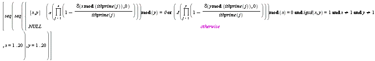 [seq(seq(piecewise(`or`(`mod`(`&nscr;`(product(1-delta(`mod`(x, ithprime(j)), 0)/ithprime(j), j = 1 .. x)), y) = 0, `and`(`and`(`and`(`mod`(`&dscr;`(product(1-delta(`mod`(y, ithprime(j)), 0)/ithprime(j), j = 1 .. y)), x) = 0, igcd(x, y) = 1), x <> 1), y <> 1)), [x, y], NULL), x = 1 .. 20), y = 1 .. 20)]
