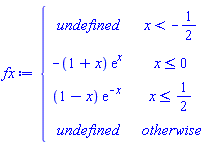 fx := piecewise(x < -1/2, undefined, x <= 0, -(1+x)*exp(x), x <= 1/2, (1-x)*exp(-x), undefined)