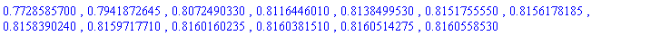 .7728585700, .7941872645, .8072490330, .8116446010, .8138499530, .8151755550, .8156178185, .8158390240, .8159717710, .8160160235, .8160381510, .8160514275, .8160558530