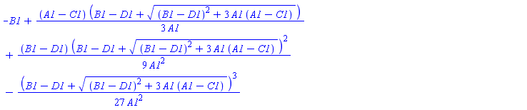 -B1+(1/3)*(A1-C1)*(B1-D1+((B1-D1)^2+3*A1*(A1-C1))^(1/2))/A1+(1/9)*(B1-D1)*(B1-D1+((B1-D1)^2+3*A1*(A1-C1))^(1/2))^2/A1^2-(1/27)*(B1-D1+((B1-D1)^2+3*A1*(A1-C1))^(1/2))^3/A1^2