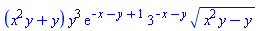 (x^2*y+y)*y^3*exp(-x-y+1)*3^(-x-y)*(x^2*y-y)^(1/2)