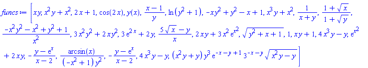 [x*y, x^2*y+x^2, 2*x+1, cos(2*x), y(x), (x-1)/y, ln(y^2+1), -x*y^2+y^2-x+1, x^3*y+x^2, 1/(x+y), (1+x^(1/2))/(1+y^(1/2)), (-x^2*y^2-x^2+y^2+1)/x^2, 3*x^2*y^2+2*x*y^2, 3*exp(2*x)+2*y, (5*x^(1/2)-y)/x, 2*x*y+3*x^2*exp(x^2), (y^2+x+1)^(1/2), 1, x*y+1, 4*x^3*y-y, exp(x^2)+2*x*y, -(y-exp(x))/(x-2), arcsin(x)/((-x^2+1)*y^2), -(y-exp(x))/(x-2), 4*x^3*y-y, (x^2*y+y)*y^3*exp(-x-y+1)*3^(-x-y)*(x^2*y-y)^(1/2)]