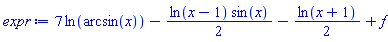 7*ln(arcsin(x))-(1/2)*ln(x-1)*sin(x)-(1/2)*ln(x+1)+f