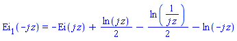 Ei(1, -j*z) = -Ei(j*z)+(1/2)*ln(j*z)-(1/2)*ln(1/(j*z))-ln(-j*z)