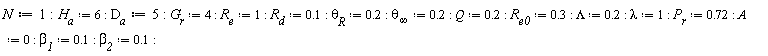 N := 1; H__a := 6; D__a := 5; G__r := 4; R__e := 1; R__d := .1; `&theta;__R` := .2; `&theta;__&infin;` := .2; Q := .2; R__e0 := .3; Lambda := .2; lambda := 1; P__r := .72; A := 0; `&beta;__1` := .1; `&beta;__2` := .1