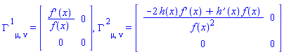 Physics:-Christoffel[`~1`, mu, nu] = Matrix(%id = 18446744078430966838), Physics:-Christoffel[`~2`, mu, nu] = Matrix(%id = 18446744078430968278)