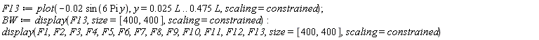 F13 := plot(-0.2e-1*sin(6*Pi*y), y = 0.25e-1*L .. .475*L, scaling = constrained); BW := display(F13, size = [400, 400], scaling = constrained); display(F1, F2, F3, F4, F5, F6, F7, F8, F9, F10, F11, F12, F13, size = [400, 400], scaling = constrained)