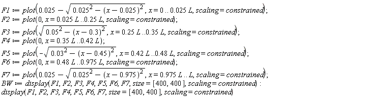 F1 := plot(0.25e-1-sqrt(0.25e-1^2-(x-0.25e-1)^2), x = 0 .. 0.25e-1*L, scaling = constrained); F2 := plot(0, x = 0.25e-1*L .. .25*L, scaling = constrained); F3 := plot(sqrt(0.5e-1^2-(x-.3)^2), x = .25*L .. .35*L, scaling = constrained); F4 := plot(0, x = .35*L .. .42*L); F5 := plot(-sqrt(0.3e-1^2-(x-.45)^2), x = .42*L .. .48*L, scaling = constrained); F6 := plot(0, x = .48*L .. .975*L, scaling = constrained); F7 := plot(0.25e-1-sqrt(0.25e-1^2-(x-.975)^2), x = .975*L .. L, scaling = constrained); BW := display(F1, F2, F3, F4, F5, F6, F7, size = [400, 400], scaling = constrained); display(F1, F2, F3, F4, F5, F6, F7, size = [400, 400], scaling = constrained)
