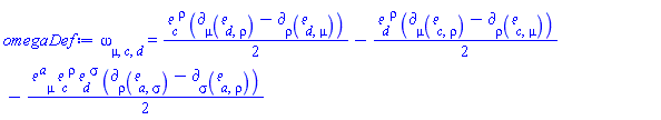 omega[mu, c, d] = (1/2)*Physics:-Tetrads:-e_[c, `~rho`]*(Physics:-d_[mu](Physics:-Tetrads:-e_[d, rho], [X])-Physics:-d_[rho](Physics:-Tetrads:-e_[d, mu], [X]))-(1/2)*Physics:-Tetrads:-e_[d, `~rho`]*(Physics:-d_[mu](Physics:-Tetrads:-e_[c, rho], [X])-Physics:-d_[rho](Physics:-Tetrads:-e_[c, mu], [X]))-(1/2)*Physics:-Tetrads:-e_[`~a`, mu]*Physics:-Tetrads:-e_[c, `~rho`]*Physics:-Tetrads:-e_[d, `~sigma`]*(Physics:-d_[rho](Physics:-Tetrads:-e_[a, sigma], [X])-Physics:-d_[sigma](Physics:-Tetrads:-e_[a, rho], [X]))