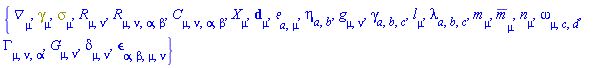 {Physics:-D_[mu], Physics:-Dgamma[mu], Physics:-Psigma[mu], Physics:-Ricci[mu, nu], Physics:-Riemann[mu, nu, alpha, beta], Physics:-Weyl[mu, nu, alpha, beta], Physics:-d_[mu], Physics:-Tetrads:-e_[a, mu], Physics:-Tetrads:-eta_[a, b], Physics:-g_[mu, nu], Physics:-Tetrads:-gamma_[a, b, c], Physics:-Tetrads:-l_[mu], Physics:-Tetrads:-lambda_[a, b, c], Physics:-Tetrads:-m_[mu], Physics:-Tetrads:-mb_[mu], Physics:-Tetrads:-n_[mu], omega[mu, c, d], Physics:-Christoffel[mu, nu, alpha], Physics:-Einstein[mu, nu], Physics:-KroneckerDelta[mu, nu], Physics:-LeviCivita[alpha, beta, mu, nu], Physics:-SpaceTimeVector[mu](X)}