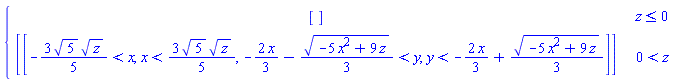 piecewise(z <= 0, [], 0 < z, [[-3*sqrt(5)*sqrt(z)*(1/5) < x, x < 3*sqrt(5)*sqrt(z)*(1/5), -2*x*(1/3)-(1/3)*sqrt(-5*x^2+9*z) < y, y < -2*x*(1/3)+(1/3)*sqrt(-5*x^2+9*z)]])