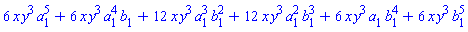 6*x*y^3*a[1]^5+6*x*y^3*a[1]^4*b[1]+12*x*y^3*a[1]^3*b[1]^2+12*x*y^3*a[1]^2*b[1]^3+6*x*y^3*a[1]*b[1]^4+6*x*y^3*b[1]^5