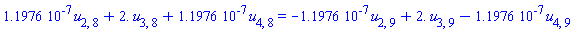 0.11976e-6*u[2, 8]+2.*u[3, 8]+0.11976e-6*u[4, 8] = -0.11976e-6*u[2, 9]+2.*u[3, 9]-0.11976e-6*u[4, 9]
