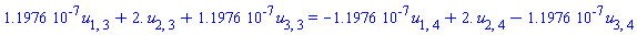 0.11976e-6*u[1, 3]+2.*u[2, 3]+0.11976e-6*u[3, 3] = -0.11976e-6*u[1, 4]+2.*u[2, 4]-0.11976e-6*u[3, 4]