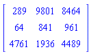 Matrix(3, 3, {(1, 1) = 289, (1, 2) = 9801, (1, 3) = 8464, (2, 1) = 64, (2, 2) = 841, (2, 3) = 961, (3, 1) = 4761, (3, 2) = 1936, (3, 3) = 4489})