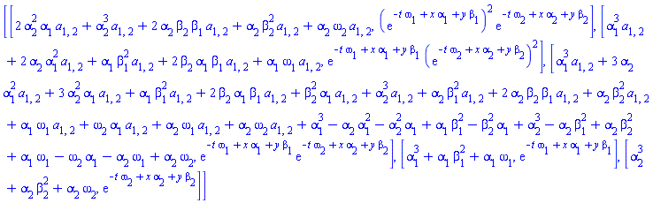 [[2*a[1, 2]*alpha[1]*alpha[2]^2+a[1, 2]*alpha[2]^3+2*a[1, 2]*alpha[2]*beta[1]*beta[2]+a[1, 2]*alpha[2]*beta[2]^2+a[1, 2]*alpha[2]*omega[2], (exp(-t*omega[1]+x*alpha[1]+y*beta[1]))^2*exp(-t*omega[2]+x*alpha[2]+y*beta[2])], [a[1, 2]*alpha[1]^3+2*a[1, 2]*alpha[1]^2*alpha[2]+a[1, 2]*alpha[1]*beta[1]^2+2*a[1, 2]*alpha[1]*beta[1]*beta[2]+a[1, 2]*alpha[1]*omega[1], exp(-t*omega[1]+x*alpha[1]+y*beta[1])*(exp(-t*omega[2]+x*alpha[2]+y*beta[2]))^2], [a[1, 2]*alpha[1]^3+3*a[1, 2]*alpha[1]^2*alpha[2]+3*a[1, 2]*alpha[1]*alpha[2]^2+a[1, 2]*alpha[1]*beta[1]^2+2*a[1, 2]*alpha[1]*beta[1]*beta[2]+a[1, 2]*alpha[1]*beta[2]^2+a[1, 2]*alpha[2]^3+a[1, 2]*alpha[2]*beta[1]^2+2*a[1, 2]*alpha[2]*beta[1]*beta[2]+a[1, 2]*alpha[2]*beta[2]^2+a[1, 2]*alpha[1]*omega[1]+a[1, 2]*alpha[1]*omega[2]+a[1, 2]*alpha[2]*omega[1]+a[1, 2]*alpha[2]*omega[2]+alpha[1]^3-alpha[1]^2*alpha[2]-alpha[1]*alpha[2]^2+alpha[1]*beta[1]^2-alpha[1]*beta[2]^2+alpha[2]^3-alpha[2]*beta[1]^2+alpha[2]*beta[2]^2+alpha[1]*omega[1]-alpha[1]*omega[2]-alpha[2]*omega[1]+alpha[2]*omega[2], exp(-t*omega[1]+x*alpha[1]+y*beta[1])*exp(-t*omega[2]+x*alpha[2]+y*beta[2])], [alpha[1]^3+alpha[1]*beta[1]^2+alpha[1]*omega[1], exp(-t*omega[1]+x*alpha[1]+y*beta[1])], [alpha[2]^3+alpha[2]*beta[2]^2+alpha[2]*omega[2], exp(-t*omega[2]+x*alpha[2]+y*beta[2])]]
